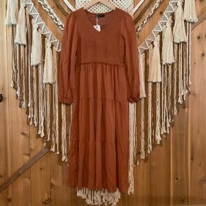 Merokeety Brown Boho Peasant Tired Maxi Dress Size S
